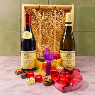 Liefdes Chocolade- en Wijngeschenk Louis Jadot Exclusief – Luxe Geschenk met Bourgogne Wijnen en Belgische Bonbons - Wijnbox.nl