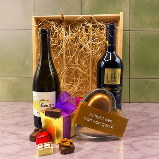 Cadeau Vin et Chocolat Blanc-Rouge Coeur d'Or